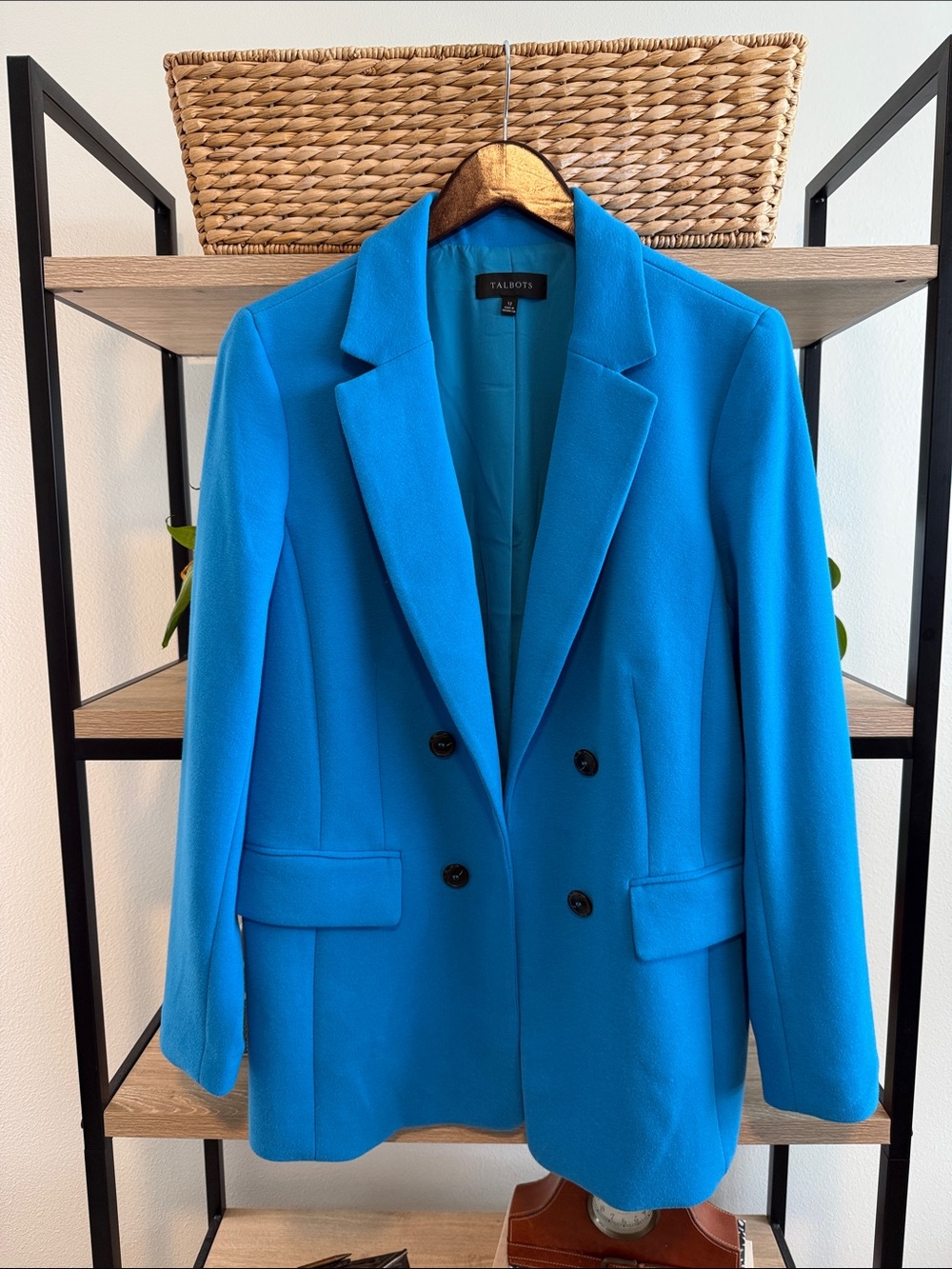 Talbots Cotton Blend Jersey Knit Lined Long Double Breasted Bight Blue Blazer 12